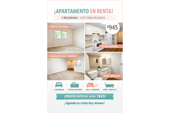 $945 : Apartamentos de 1 Recamara !!! image 1