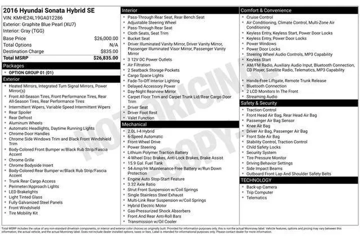 $9991 : Hyundai SONATA Hybrid 2016 S image 9