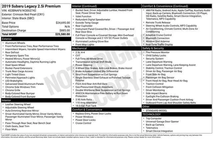 $15490 : Subaru Legacy 2019 AWD 2.5i image 2