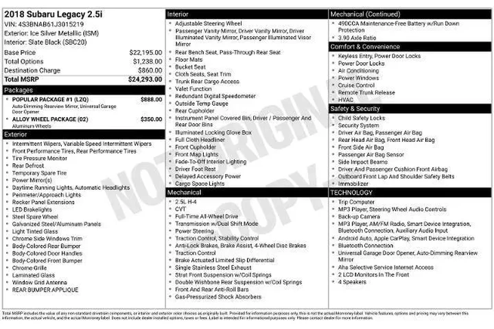 $14627 : Subaru Legacy 2018 AWD 2.5i image 6