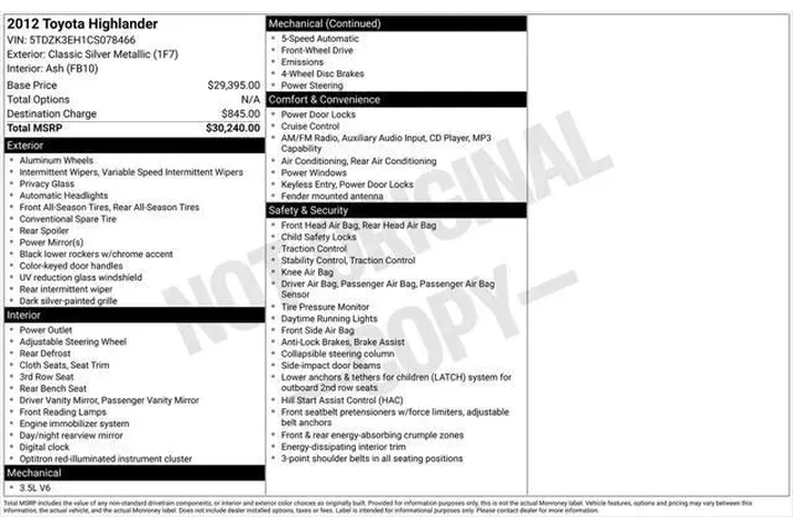 $11946 : Toyota Highlander 2012 Base image 3