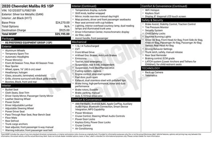 $13756 : Chevrolet Malibu 2020 RS 4dr image 3