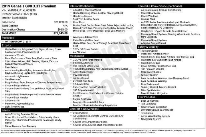 $27999 : Genesis G90 2019 3.3T Premiu image 10