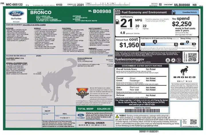 $34088 : Ford Bronco 2021 4x4 Base 4d image 2