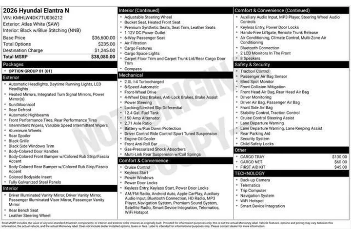 $34995 : Hyundai ELANTRA N 2026 4dr S image 5