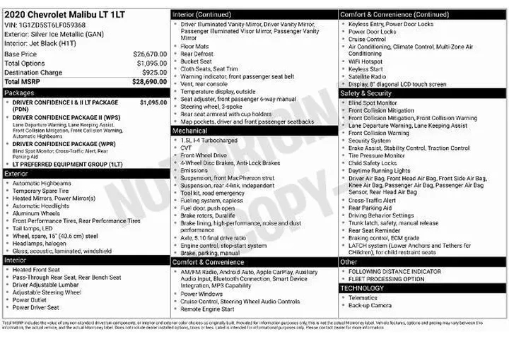 $15738 : Chevrolet Malibu 2020 LT 4dr image 1