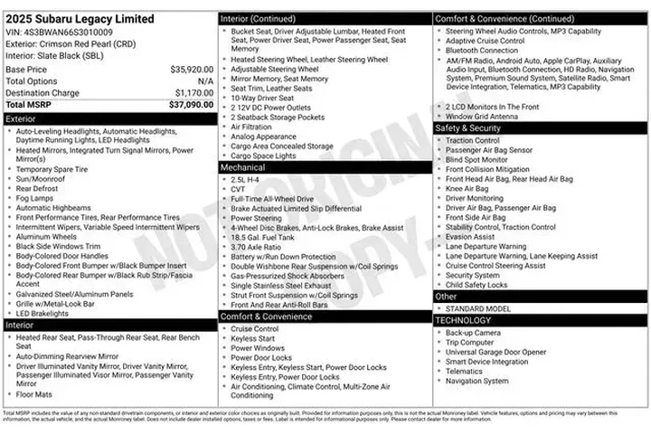 $30990 : Subaru Legacy 2025 AWD Limit image 3