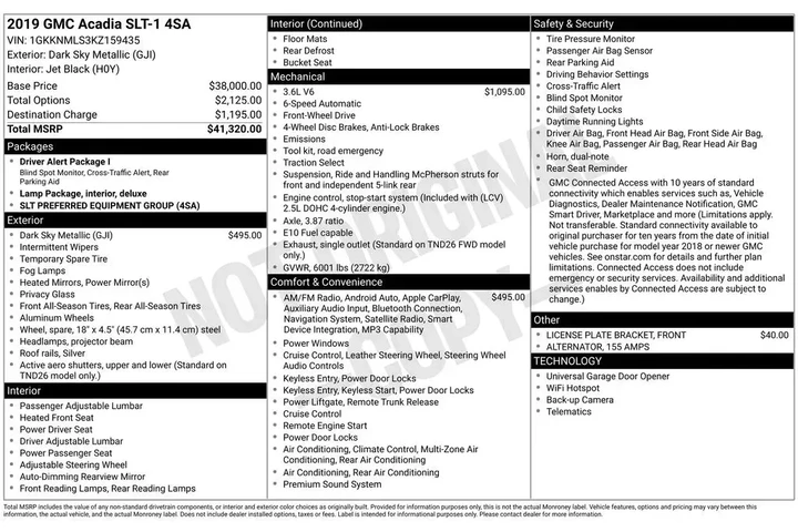 $18010 : GMC Acadia 2019 SLT-1 4dr SU image 3