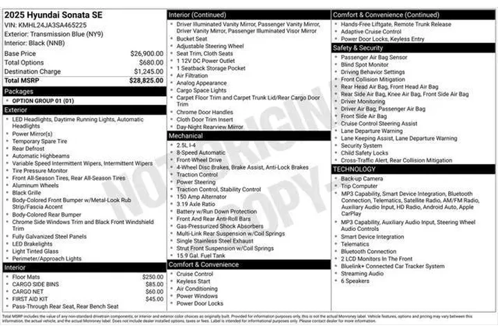 $22880 : Hyundai SONATA 2025 SE 4dr S image 5