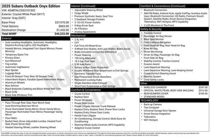 $33990 : Subaru Outback 2025 AWD Onyx image 2