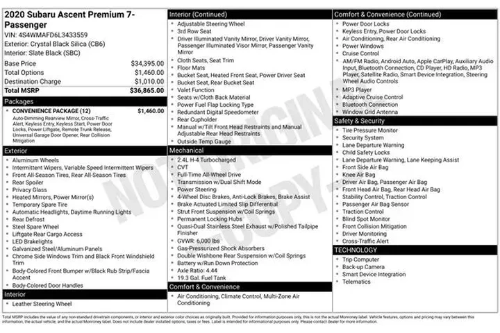 $18470 : Subaru Ascent 2020 AWD Premi image 2