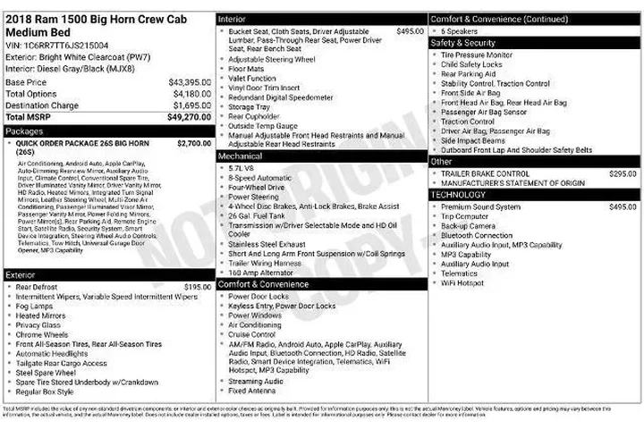 $18662 : Ram 1500 2018 4x4 SLT 4dr Cr image 6
