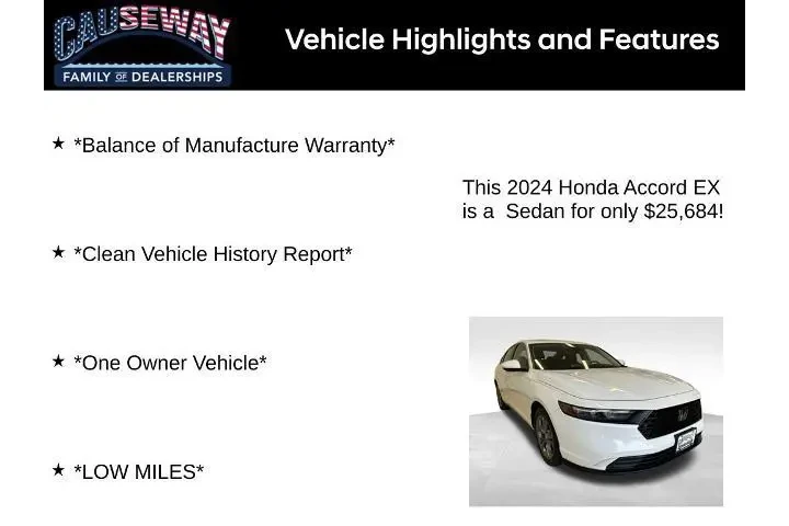 $25684 : Honda Accord 2024 EX 4dr Sed image 2