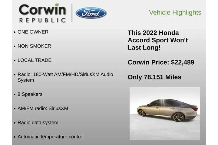 $22489 : Honda Accord 2022 Sport 4dr image 6