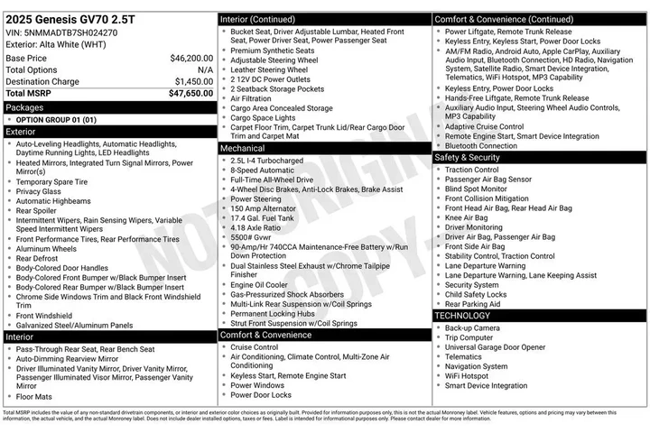 $35724 : Genesis GV70 2025 AWD 2.5T S image 7