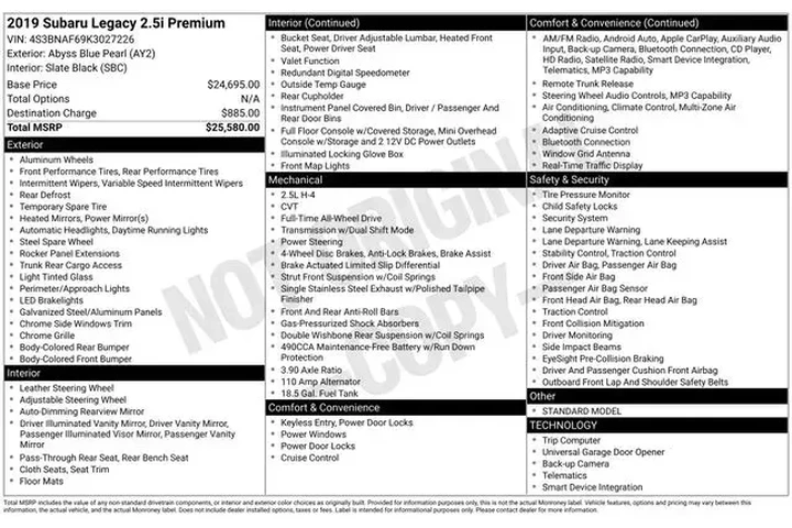 $18590 : Subaru Legacy 2019 AWD 2.5i image 4