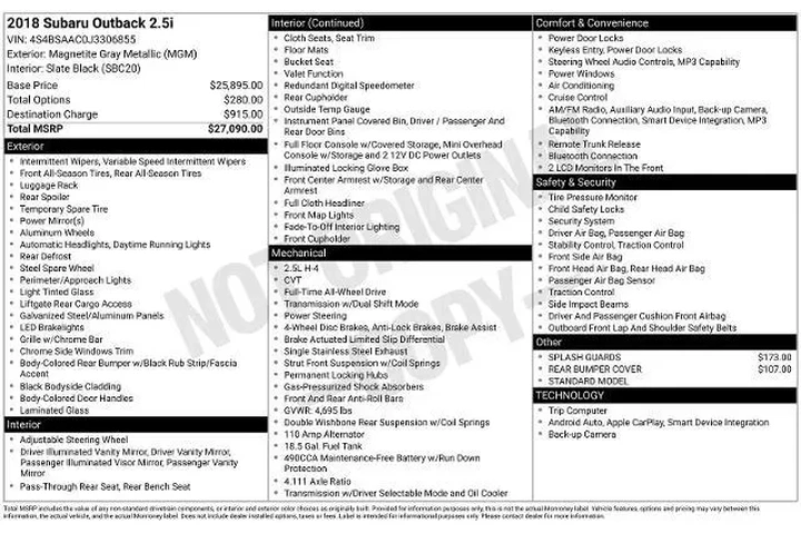 $18991 : Subaru Outback 2018 AWD 2.5i image 4