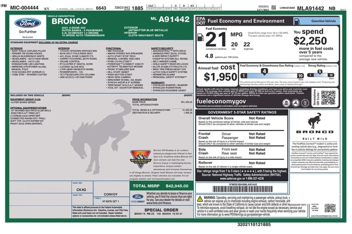 $32998 : Ford Bronco 2021 4x4 Base 4d image 6