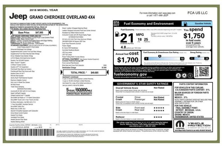 $20574 : 2018 Grand Cherokee Overland image 5