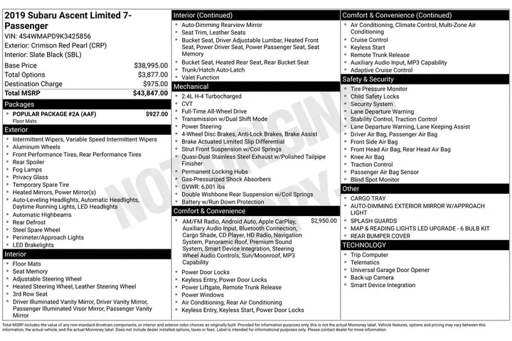 $19385 : Subaru Ascent 2019 AWD Limit image 4