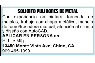 SOLICITO PULIDORES DE METAL 📍 en San Bernardino