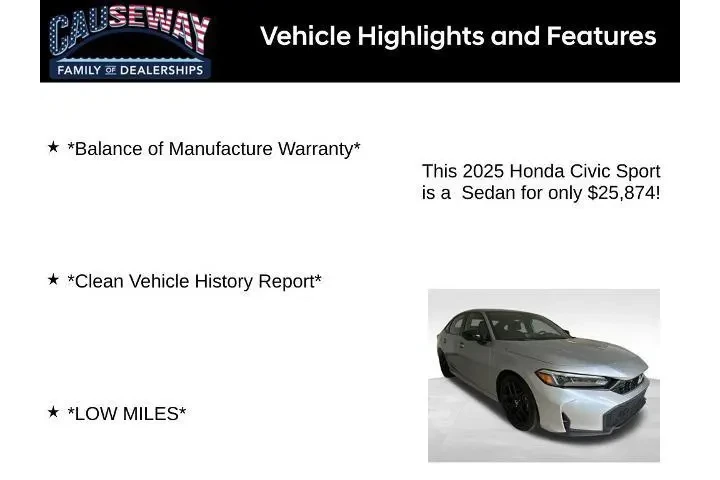 $25874 : Honda Civic 2025 Sport 4dr S image 2