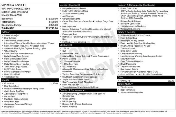 $12990 : Kia Forte 2019 FE 4dr Sedan image 4