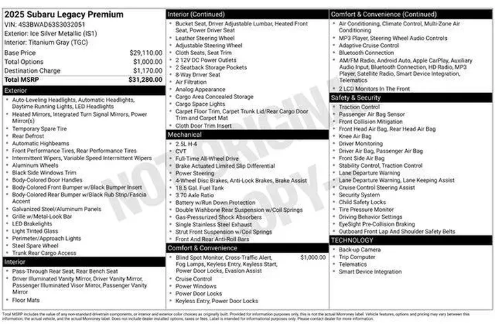$25990 : Subaru Legacy 2025 AWD Premi image 2