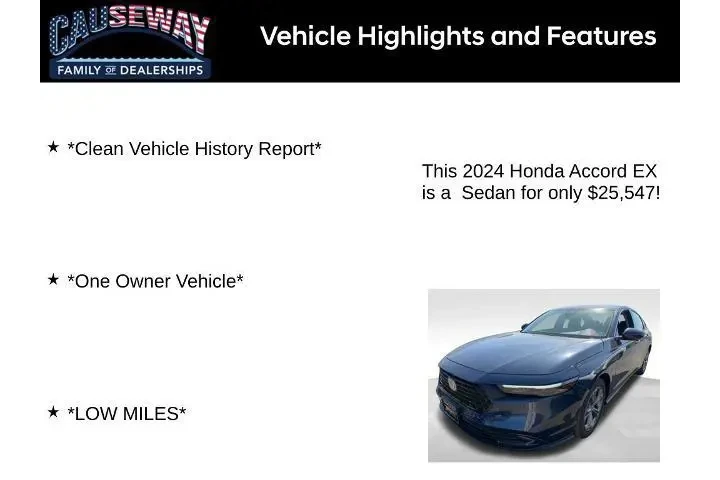$25547 : Honda Accord 2024 EX 4dr Sed image 2