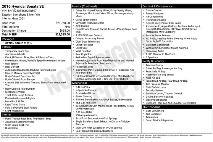 $10085 : Hyundai SONATA 2016 SE 4dr S image 2