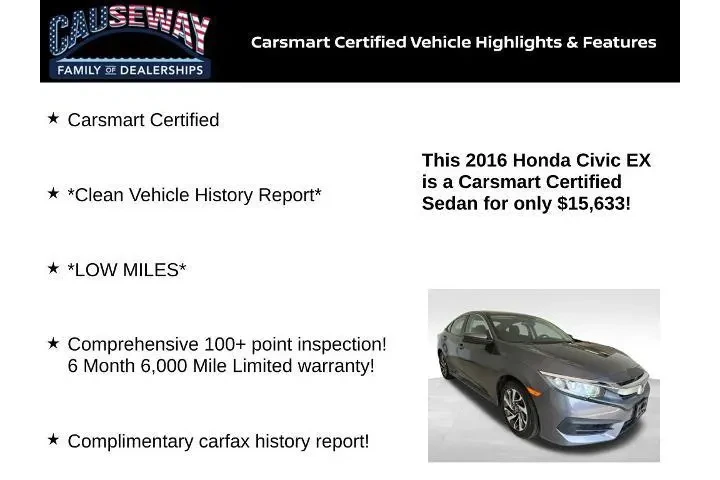 $15633 : Honda Civic 2016 EX 4dr Seda image 2