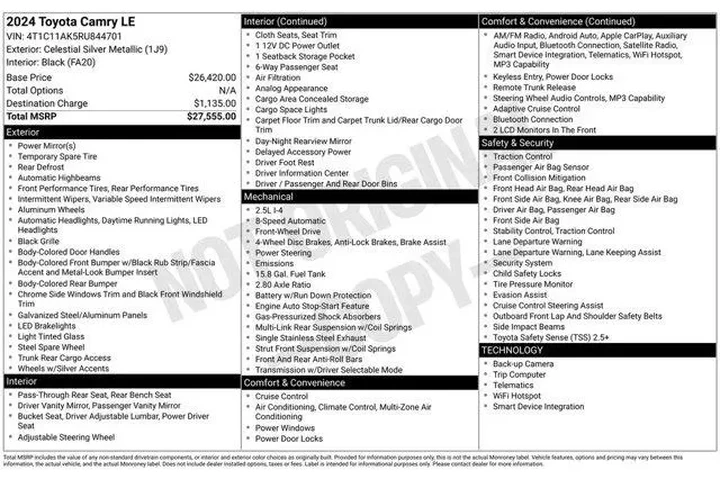 $22634 : Toyota Camry 2024 LE 4dr Sed image 2