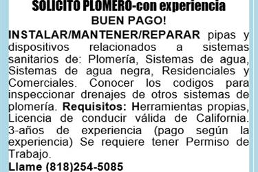 🔵SE SOLICITA PLOMERO en Los Angeles