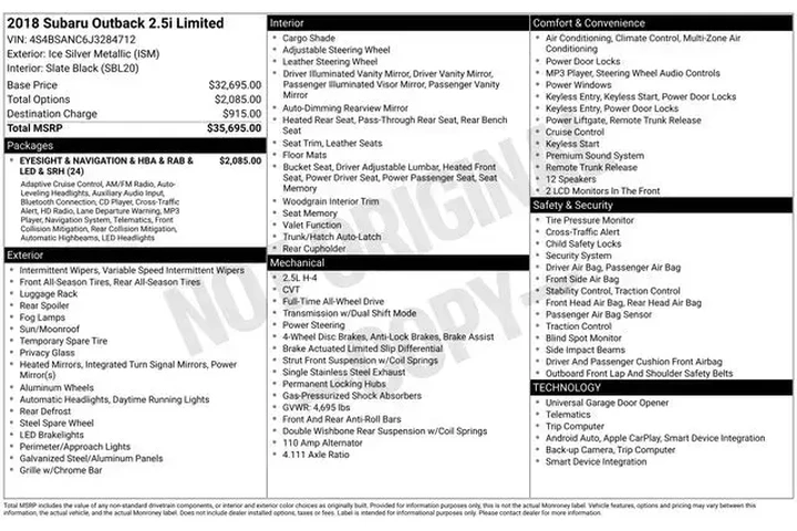 $16995 : Subaru Outback 2018 AWD 2.5i image 2