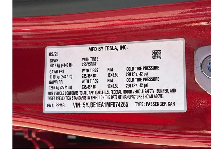 $21477 : 2021 Model 3 Standard Range P image 1