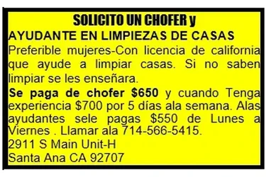 CHOFER y AYUDANTE EN LIMPIEZA en Orange County