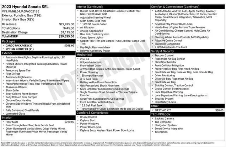 $23295 : Hyundai SONATA 2023 SEL 4dr image 7