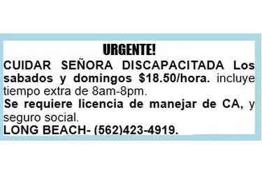 URGENTE! CUIDAR DISCAPACITADA en Los Angeles
