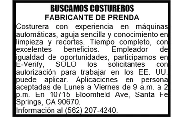 COSTURERO FABRICANTE DE PRENDA en Los Angeles