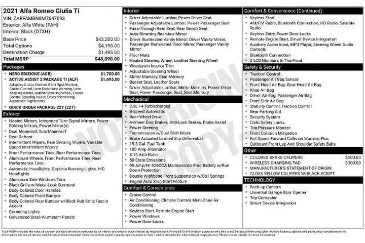 $22132 : Alfa Romeo Giulia 2021 Ti 4d image 2