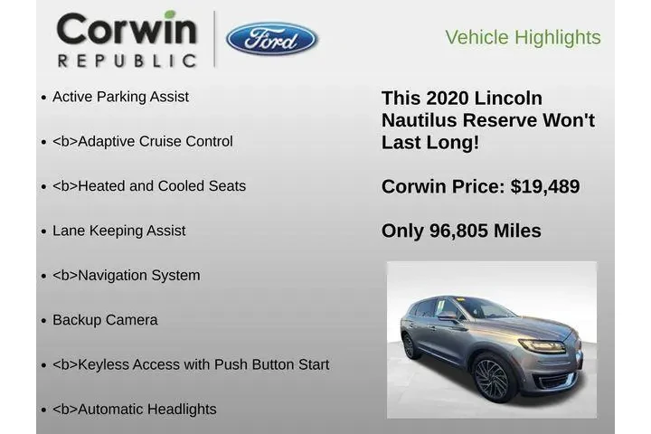 $19489 : Lincoln Nautilus 2020 AWD Re image 6