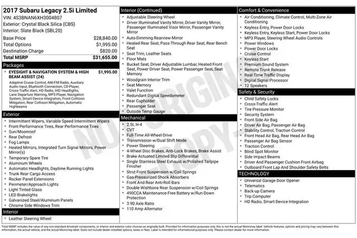 $15990 : Subaru Legacy 2017 AWD 2.5i image 2