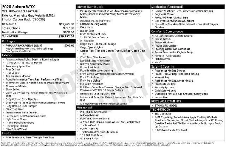 $21794 : Subaru WRX 2020 AWD 4dr Seda image 6