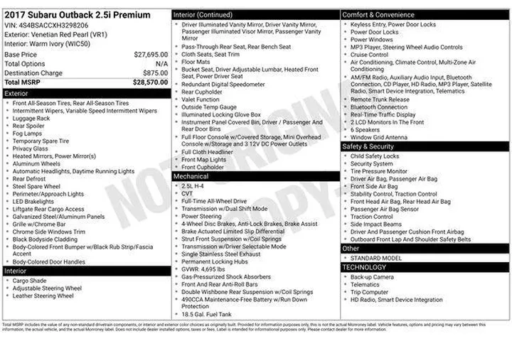 $10995 : Subaru Outback 2017 AWD 2.5i image 1