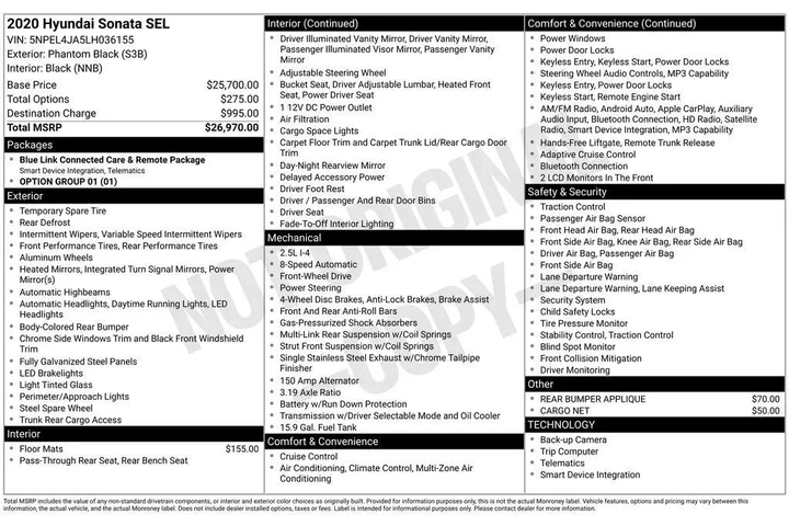 $14964 : Hyundai SONATA 2020 SEL 4dr image 4