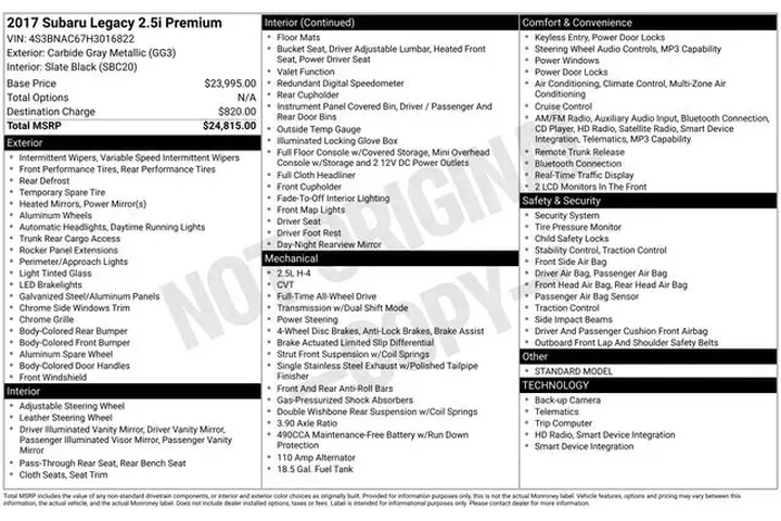 $4495 : Subaru Legacy 2017 AWD 2.5i image 2