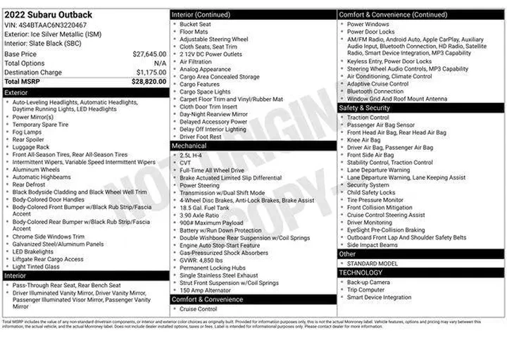 $23590 : Subaru Outback 2022 AWD Base image 3