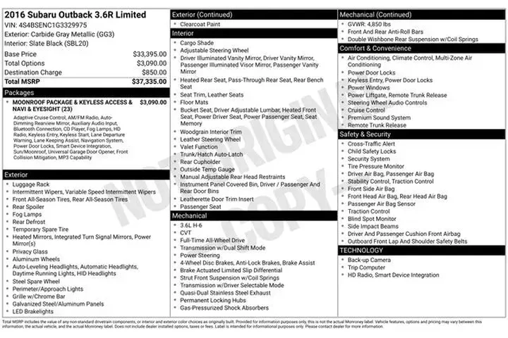 $11495 : Subaru Outback 2016 AWD 3.6R image 2