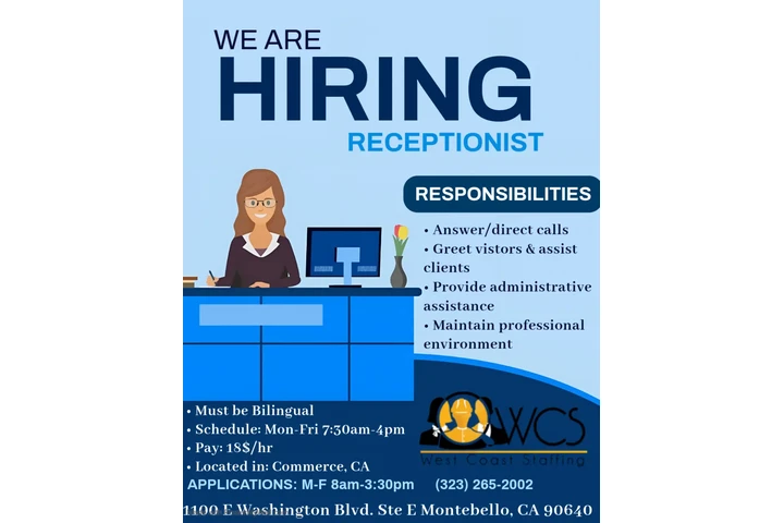 NOW HIRING RECEPTIONIST image 1