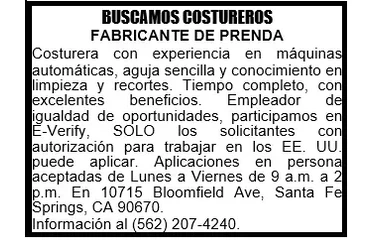 COSTURERO FABRICANTE DE PRENDA en Los Angeles